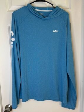 Gill Men’s Hooded Long-Sleeve UPF 50 Fishing Shirt in Melange Blue NWT